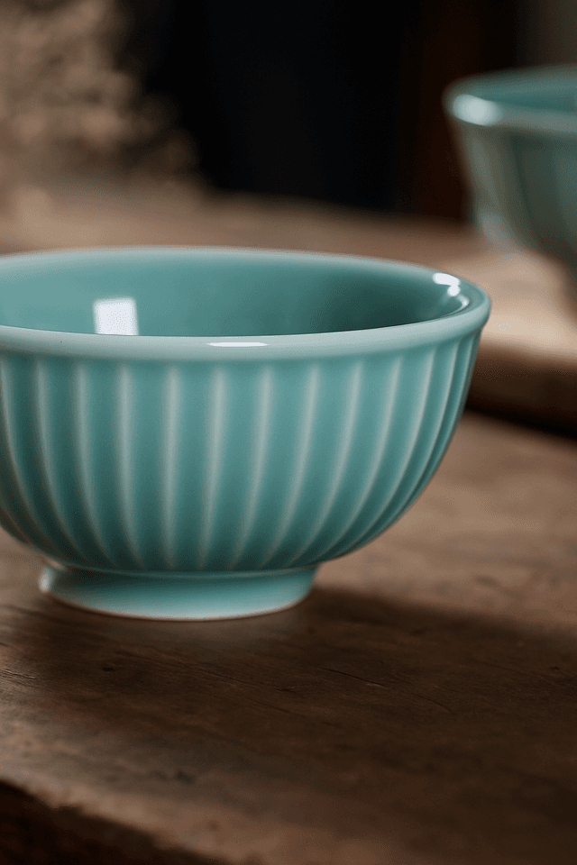 茶碗 菊花彫り縦筋模様の上品な陶器茶碗