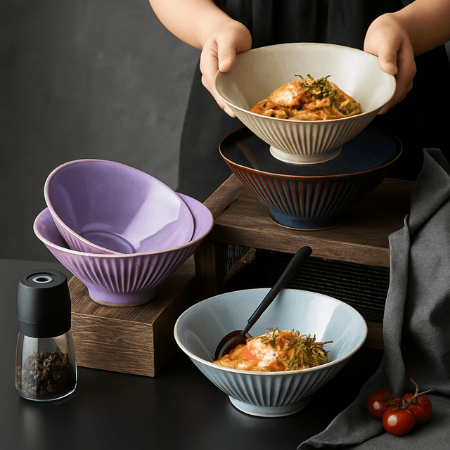 茶碗 縦筋彫り模様の洋風モダン茶碗