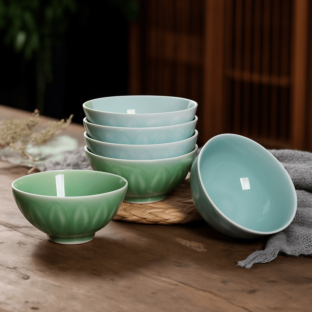 茶碗 蓮花彫刻入り青磁風茶碗小さめサイズ