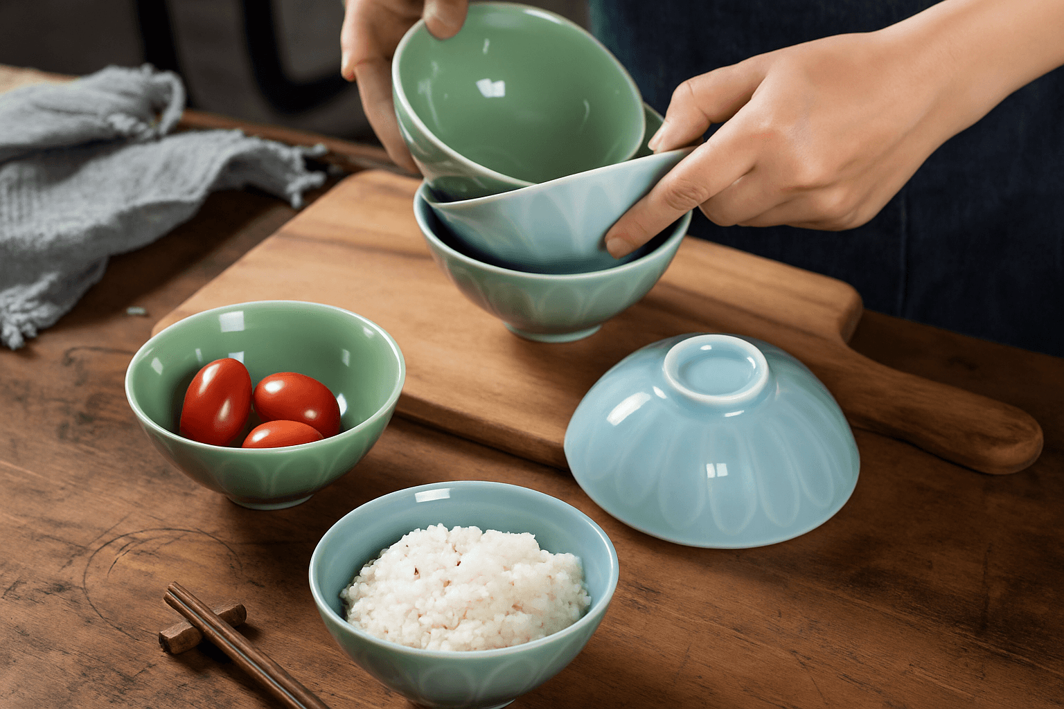 茶碗 蓮花彫刻入り青磁風茶碗小さめサイズ